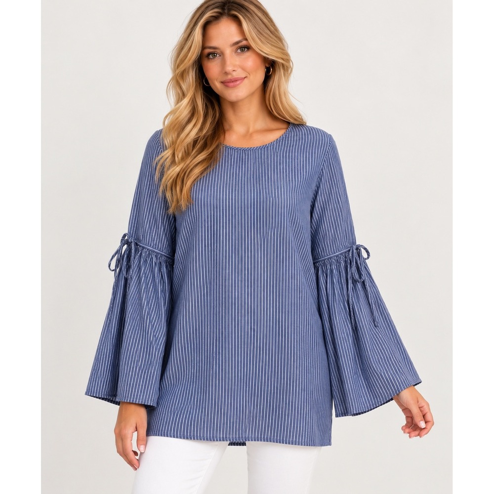 Beachlunchlounge Blouse Womens XL Blue Striped Bell Sleeve Tie Detail Top